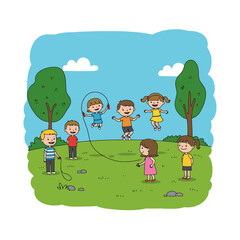 Obraz premium Happy Children Playing Jump Rope Outdoors in Park
