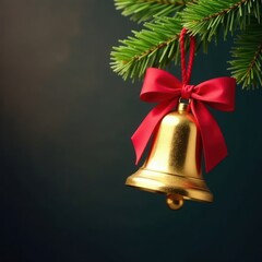 Golden Christmas bell with a vibrant red ribbon hanging from a branch, seasonal decor, holiday ornaments