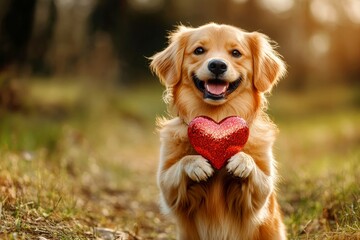 Fototapeta premium Golden retriever - my preferred dog, symbol of friendship. Cute golden retriever dog with sparkling rhinestones red heart on a walk in a spring green space. Ad campaign domestic animal layout.