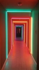 Fototapeta premium Bright neon corridor illuminated with pink and blue lights in a modern building