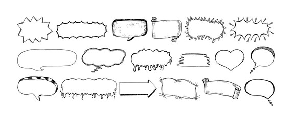 Doodle elements hand-drawn speech bubbles, banner, arrow sign, and symbol.