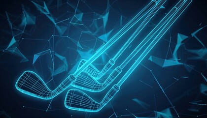 Wireframe design of golf accessories showcased against a blue background highlighting innovative sports equipment technology