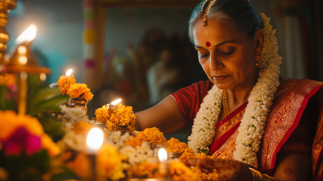 Gauri Puja ceremony in India, a woman wearing a traditional red and gold sari, decorating the idol of Goddess Gauri with jasmine and marigold flowers, ai generated images.