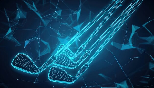 Wireframe design of golf accessories showcased against a blue background highlighting innovative sports equipment technology