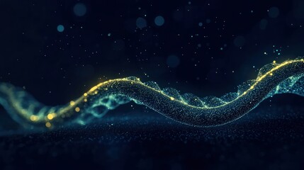 A glowing 3D DNA strand in a dark blue background with particle effects.