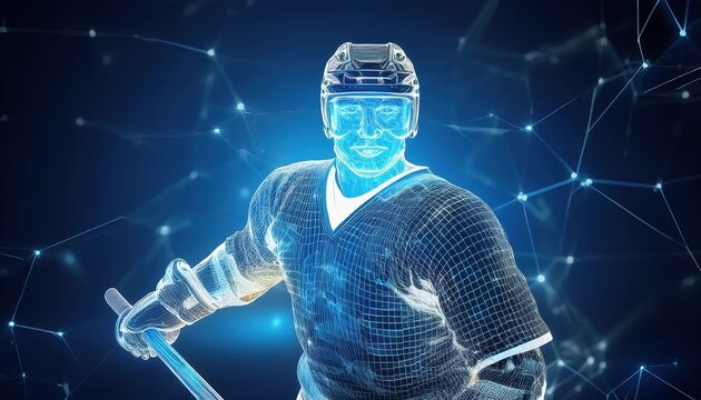 Firefly hockey player wireframe on blue background showcasing dynamic motion and athleticism