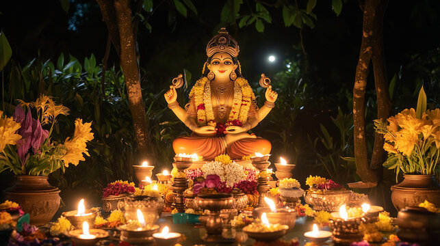 Gauri Puja night, the statue of Goddess Gauri shining with candlelight and traditional lamps surrounded by flower offerings, ai generated images.