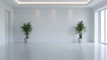 Empty white room, plants, sunlight, modern interior, design mockup