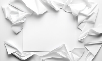 Crumpled white paper surrounds a blank sheet, creating a modern, artistic display.