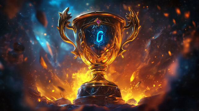 Gaming tournament cartoon landing page. Modern online sport game championship contest with gold champion trophy prize over computer desktop. Esport competition announcement, Vector web banner