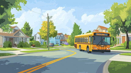 Obraz premium Neighborhood bus stop for tourist travel vector illustration. Public vehicle station on route in village for sightseeing background. Residential suburb landscape, asphalt sidewalk and villa exterior