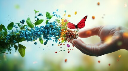 A conceptual image of life science elements merging into one artistic piece.