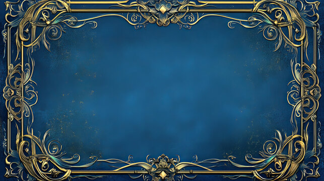 Deco frame for ui game. Medieval fantasy button for luxury interface. Magic islamic blue gradient rectangle box with golden royal thin ornament. Chic gui icon set for premium app design vector