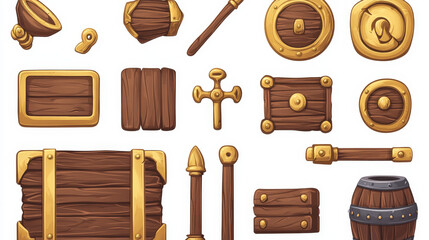 Naklejka premium Game buttons of wooden and gold texture, cartoon menu interface elements, wood boards with golden shining labels, ui gui design slider, arrow, planks and keys, user panel isolated 2d vector icons set