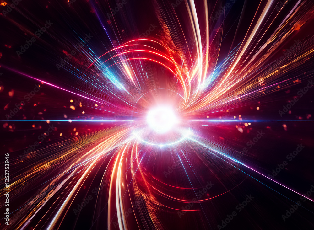 Poster abstract image with a bright central light source radiating streaks of red, gold, and blue against a