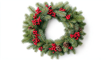Christmas Pine Branches with Red Berries on White Background