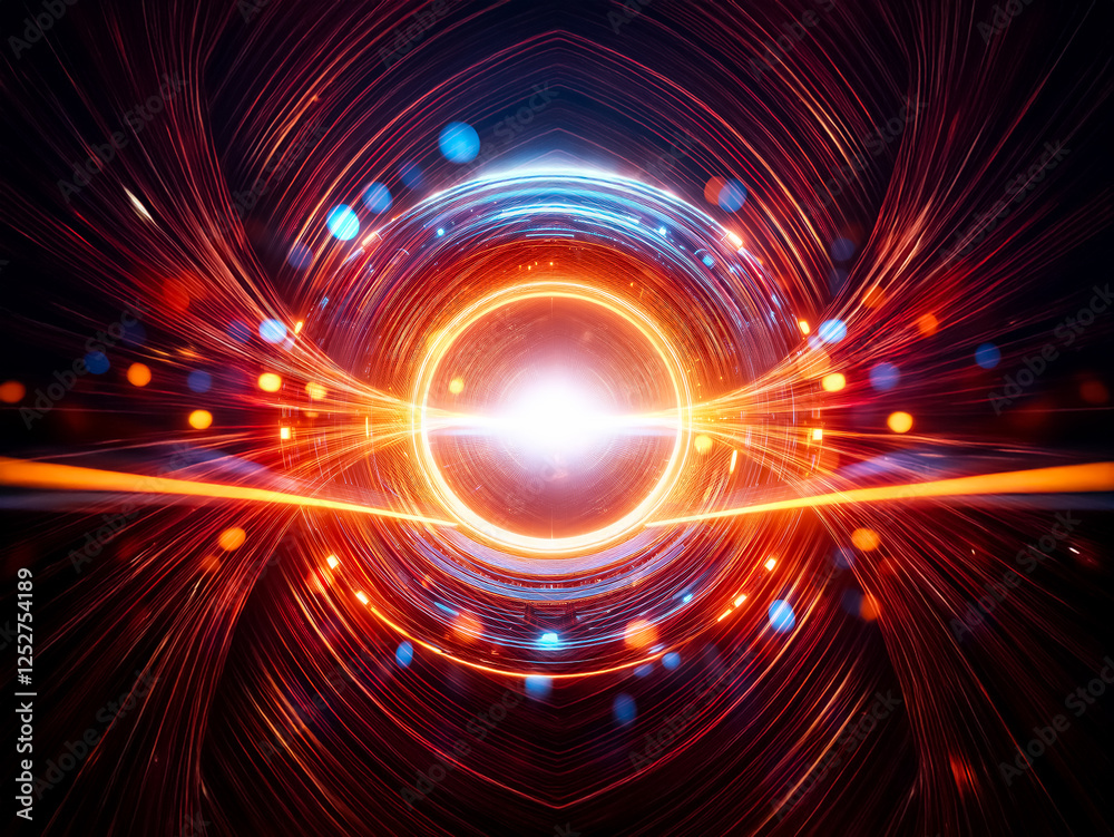 Poster a futuristic, glowing orb pulsates with blue and orange light, surrounded by a bokeh effect. intrica
