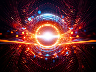 Obraz premium A futuristic, glowing orb pulsates with blue and orange light, surrounded by a bokeh effect. Intricate metallic rings encircle a central bright core. Energy flows across the scene.