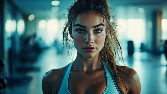 Cinematic shot of of a full half body of beautiful fitness woman holding a yoga mat in the gym, looking at the camera. The image features white and blue colors,