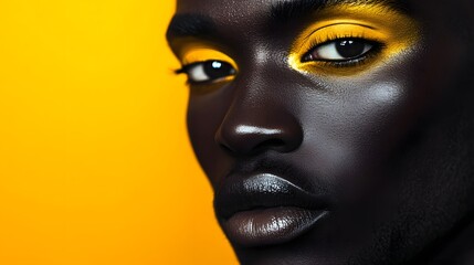 Close-Up Portrait of Person with Bold Yellow Eye Makeup Against Colorful Background