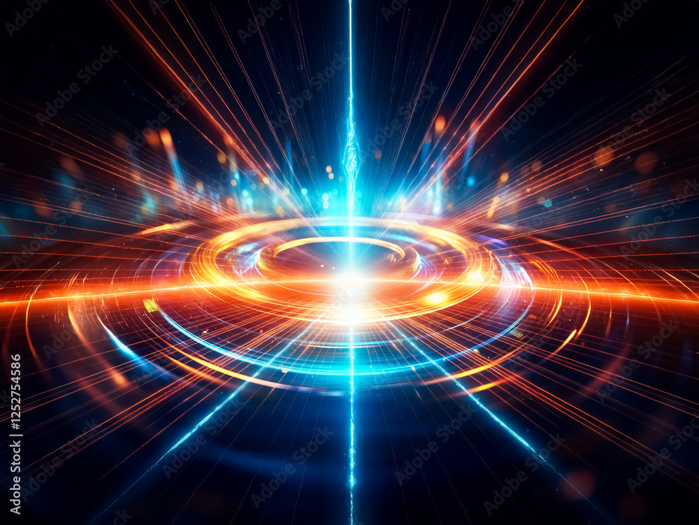 Aufkleber Glowing concentric circles of blue and orange light radiate outwards in a dark, futuristic setting.  Sparkling particles emanate from the central point, creating a sense of energy and movement.