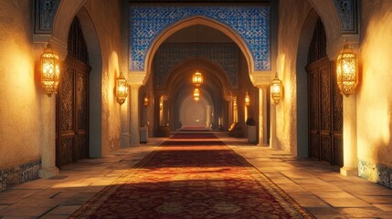Majestic Arabian hallway, opulent decor, warm light, red carpet