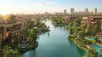 Obraz premium Luxury waterfront homes, canal city skyline, sunset