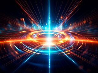 Fototapeta premium Glowing concentric circles of blue and orange light radiate outwards in a dark, futuristic setting. Sparkling particles emanate from the central point, creating a sense of energy and movement.