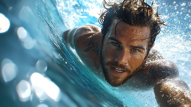Man Riding Wave: A handsome man with a determined look rides a wave, eyes focused on the horizon. This captivating photo captures the thrill and exhilaration of surfing.