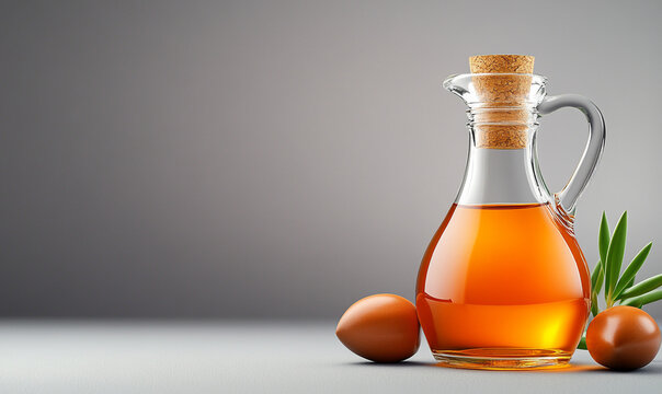 Elegant glass oil bottle with eggs, perfect for culinary and cooking themes.