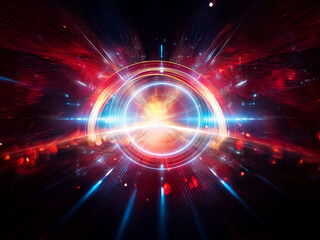 Fototapeta premium Glowing blue circle, futuristic technology, digital energy radiating outwards, dark background, abstract design. Speed, light, motion implied.