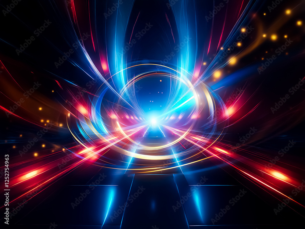 Aufkleber Vivid abstract lights create a tunnel towards a bright source, with dynamic motion and glowing effects in blue, red and orange colors.