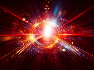 Obraz premium A luminous golden ring radiates energy, surrounded by vibrant blue and orange light bursts against a dark background. The scene evokes feelings of power and dynamism.