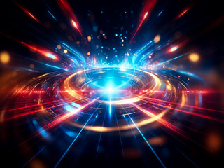 Obraz premium A mesmerizing abstract image showcases concentric metallic rings glowing with blue and gold light, emanating a vibrant energy with sparkling particles. The dark background enhances the luminescence.