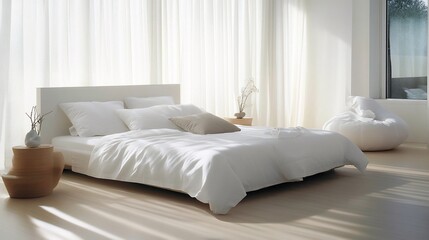 Serene Minimalist Bedroom Interior Design: White Bedding, Sunlight, and Tranquil Atmosphere