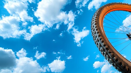 Obraz premium Bright Blue Sky with Bicycle Wheel Against Fluffy White Clouds