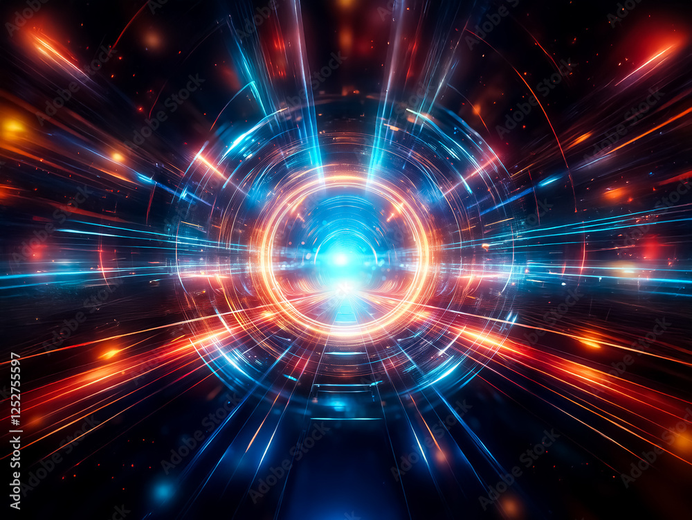 Poster abstract concentric circles emit radiant blue and orange rays, creating a dynamic, energetic, and fu