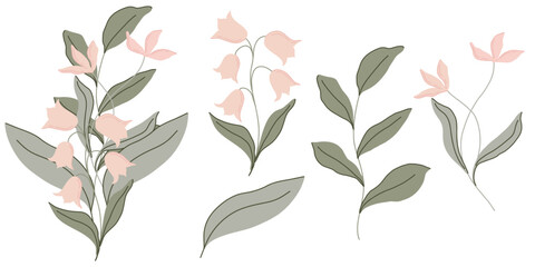 Hand drawn floral illustration with soft pink flowers and green leaves in a minimalist style. Elegant botanical composition, perfect for stationery, textile design, branding, packaging, or decor