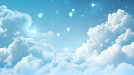 A whimsical and loving sky scene with fluffy white clouds and small hearts gently floating against a soft blue backdrop.
