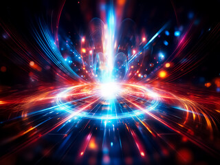 Naklejka premium A vibrant energy burst, radiating concentric rings of blue and orange light against a dark backdrop. The central core glows intensely, creating a dynamic, futuristic scene.