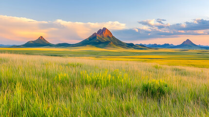 Fototapeta premium Scenic green prairie grass field stretching towards pointed mountain peaks under a warm sunset sky.