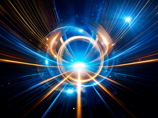 Fototapeta premium Glowing golden ring encircled by vibrant blue light trails against a dark background. The image evokes a sense of energy and mystery.