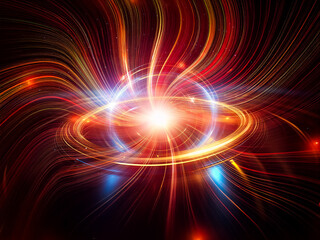 Obraz premium A vibrant abstract design featuring swirling lines of light emanating from a bright central point. Rich orange, red, yellow, and blue colors create energy and motion.