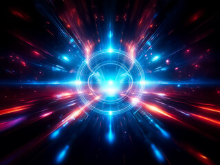 Obraz premium Dynamic abstract image with a bright central orb. Vibrant blue and red light streaks radiate outward, creating a futuristic, energetic effect.