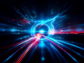Fototapeta premium A glowing blue ring at the center of a dark, radial light streak effect. The image evokes speed, energy, and futuristic technology.