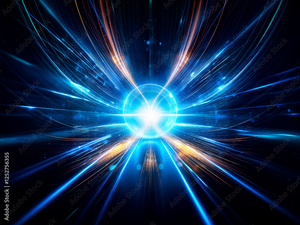 Aufkleber abstract digital art depicting a glowing blue ring at the center of converging light streaks on a da