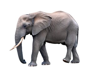 Obraz premium A large elephant with tusks walks across a white background