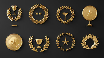Golden awards set isolated on black background. Vector realistic illustration of laurel wreath and gold ribbon, royal crown on podium, star in frame, game winner, sports champion, best movie prize