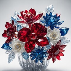 A fantasy-inspired bouquet of glowing sapphire and ruby crystal flowers pure white background.