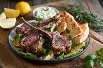 A plate of lamb and vegetables with a side of bread